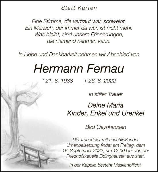 Traueranzeige von Hermann Fernau von Neue Westfälische