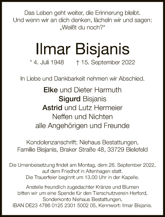 Traueranzeige von Ilmar Bisjanis von Neue Westfälische