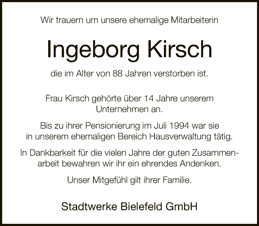  Traueranzeige für Ingeborg Kirsch vom 21.09.2022 aus Neue Westfälische