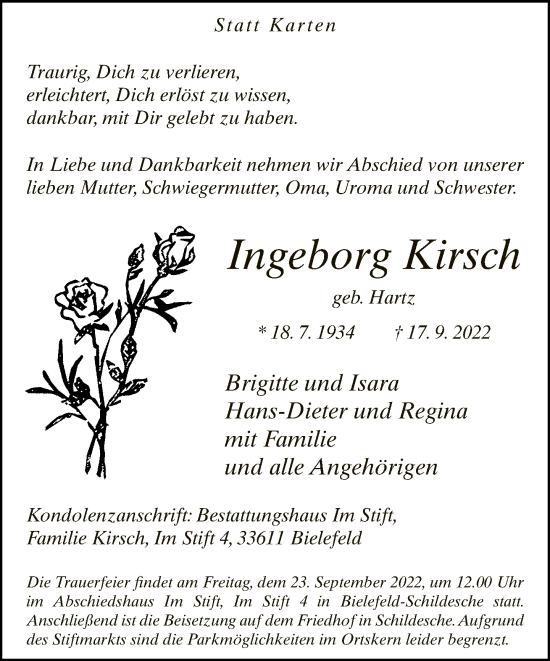 Traueranzeige von Ingeborg Kirsch von Neue Westfälische