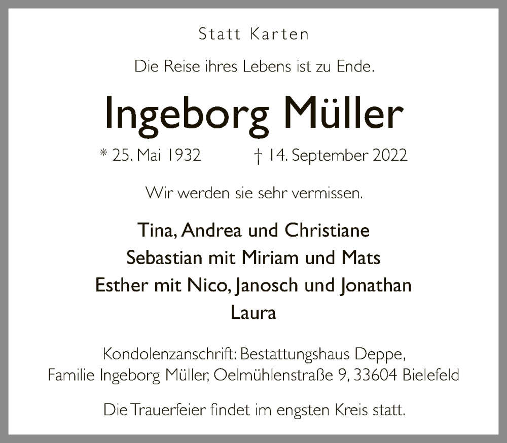  Traueranzeige für Ingeborg Müller vom 17.09.2022 aus Neue Westfälische