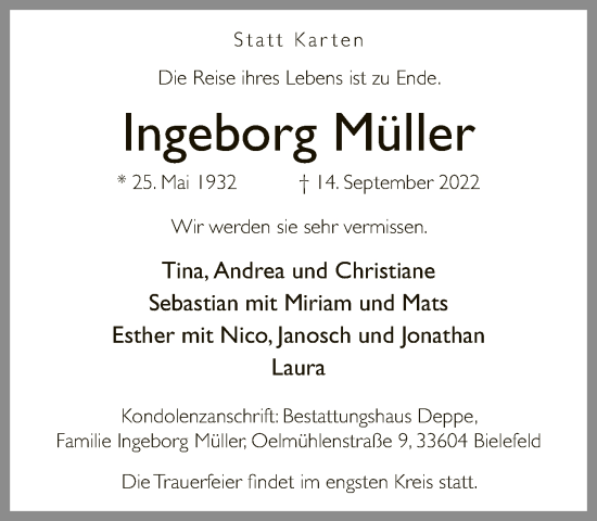 Traueranzeige von Ingeborg Müller von Neue Westfälische