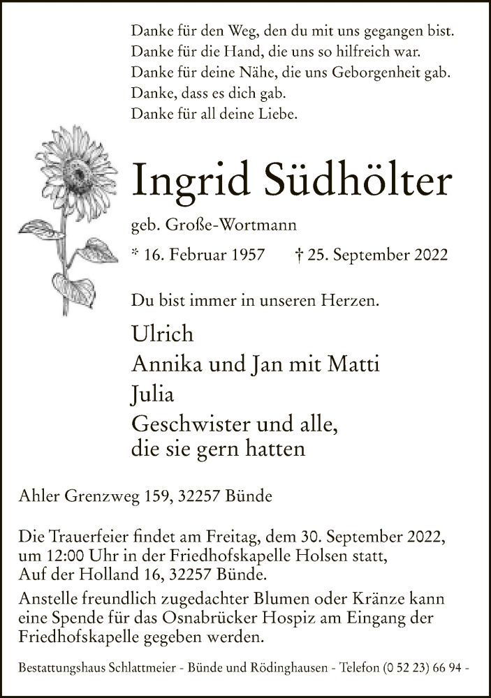  Traueranzeige für Ingrid Südhölter vom 28.09.2022 aus Neue Westfälische