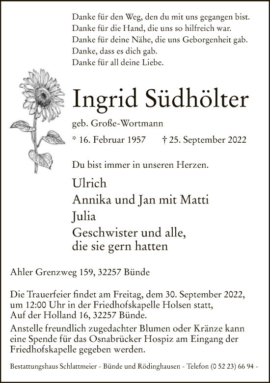 Traueranzeige von Ingrid Südhölter von Neue Westfälische