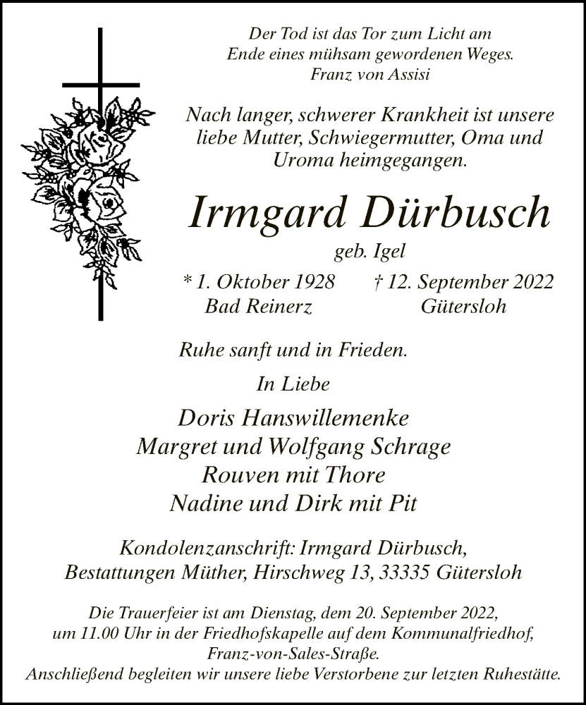  Traueranzeige für Irmgard Dürbusch vom 17.09.2022 aus Neue Westfälische