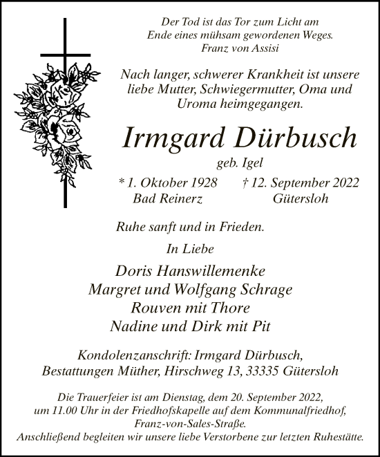 Traueranzeige von Irmgard Dürbusch von Neue Westfälische