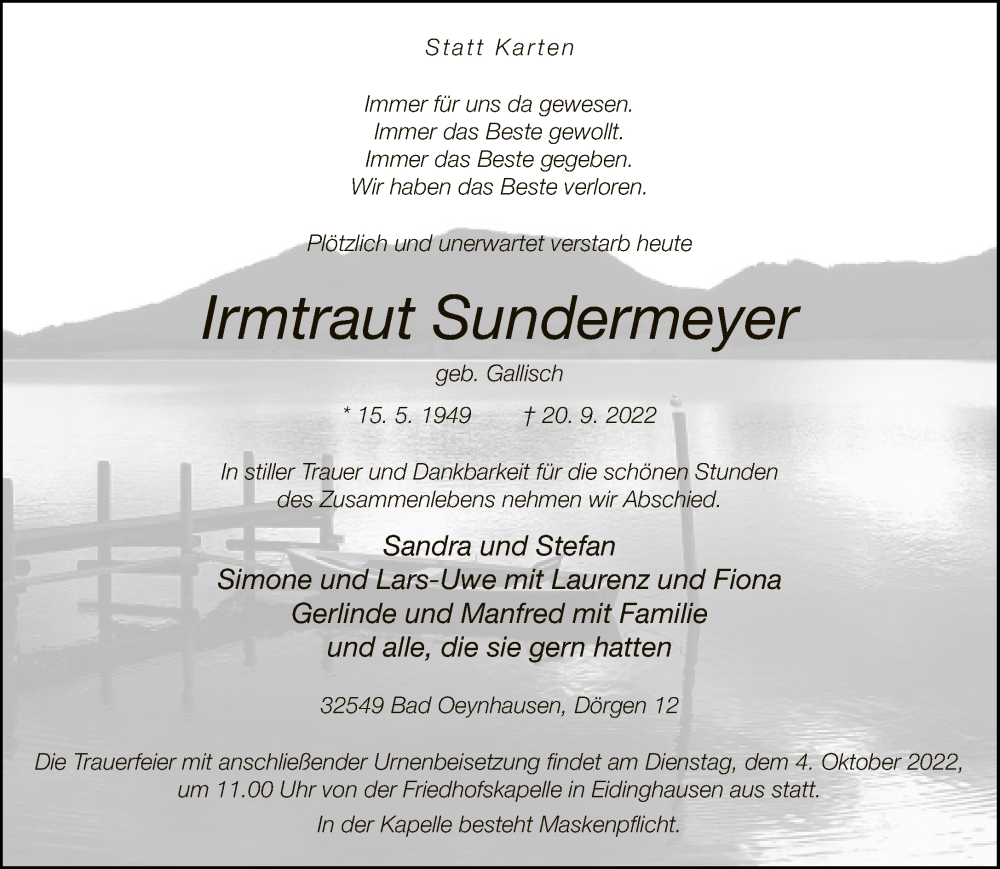  Traueranzeige für Irmtraut Sundermeyer vom 24.09.2022 aus Neue Westfälische