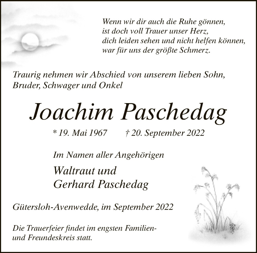  Traueranzeige für Joachim Paschedag vom 28.09.2022 aus Neue Westfälische