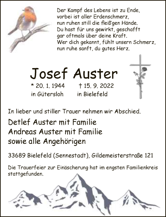 Traueranzeige von Josef Auster von Neue Westfälische
