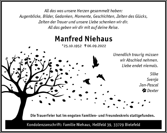Traueranzeige von Manfred Niehaus von Neue Westfälische