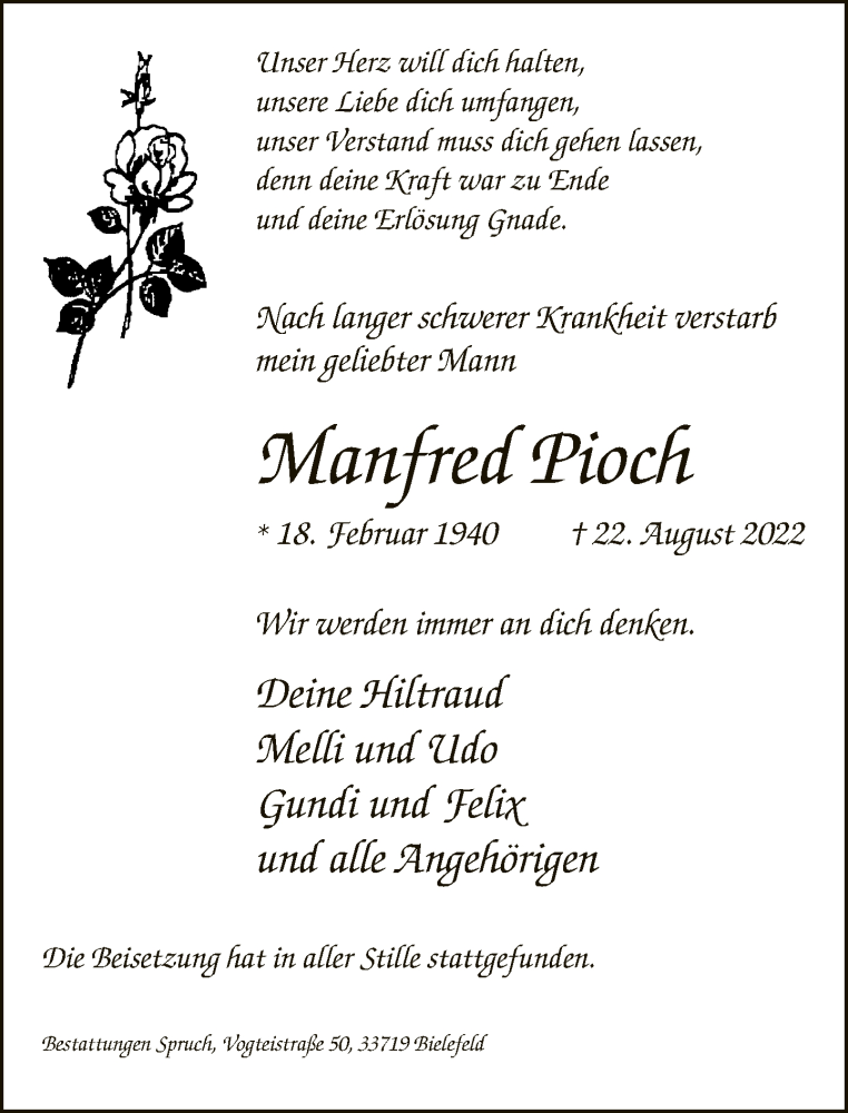  Traueranzeige für Manfred Pioch vom 03.09.2022 aus Neue Westfälische