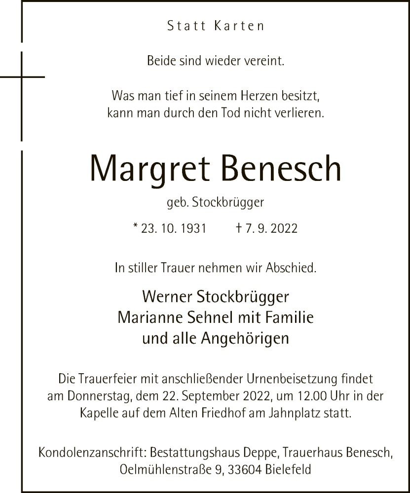  Traueranzeige für Margret Benesch vom 14.09.2022 aus Neue Westfälische