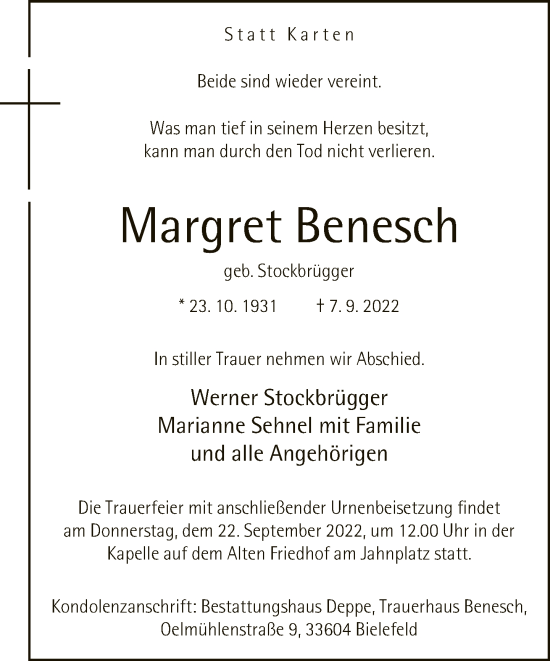 Traueranzeige von Margret Benesch von Neue Westfälische