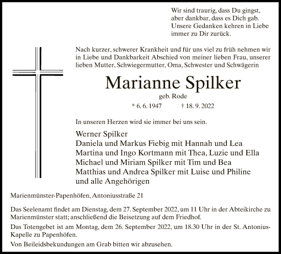 Traueranzeige von Marianne Spilker von Neue Westfälische