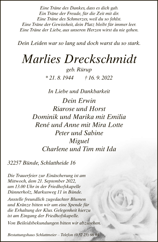 Traueranzeige von Marlies Dreckschmidt von Neue Westfälische