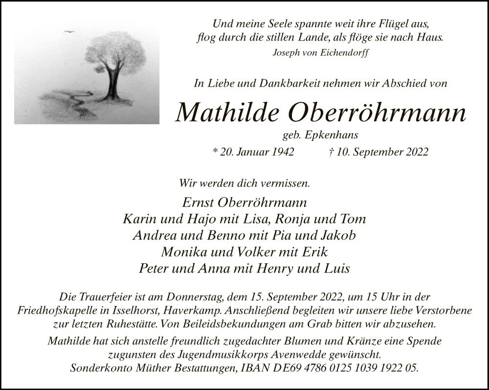  Traueranzeige für Mathilde Oberröhrmann vom 13.09.2022 aus Neue Westfälische