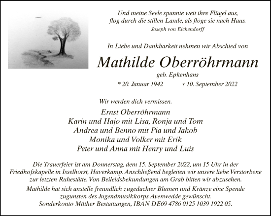 Traueranzeige von Mathilde Oberröhrmann von Neue Westfälische