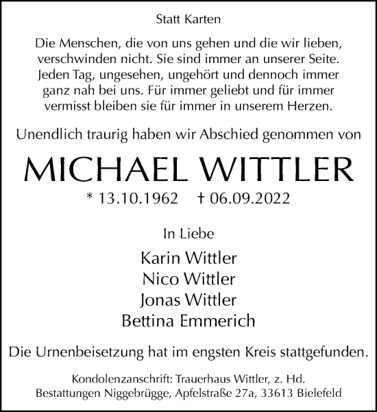 Traueranzeige von Michael Wittler von Neue Westfälische