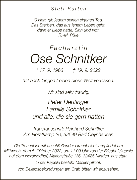 Traueranzeige von Ose Schnitker von Neue Westfälische