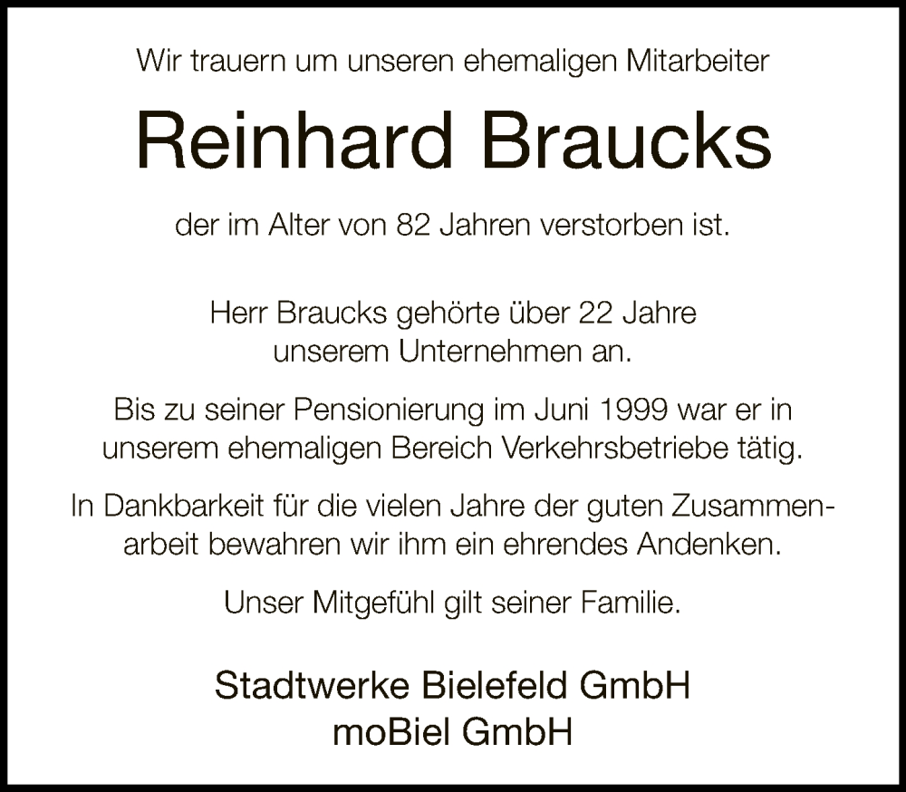  Traueranzeige für Reinhard Braucks vom 21.09.2022 aus Neue Westfälische