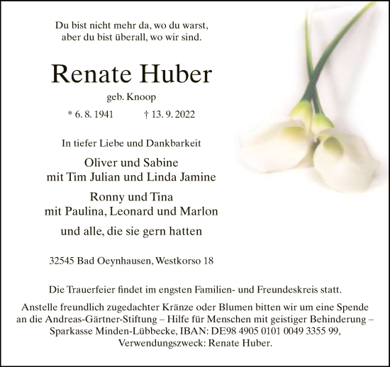 Traueranzeige von Renate Huber von Neue Westfälische