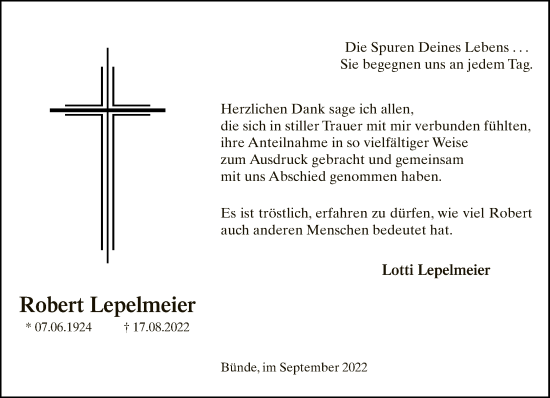 Traueranzeige von Robert Lepelmeier von Neue Westfälische