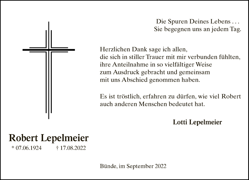  Traueranzeige für Robert Lepelmeier vom 17.09.2022 aus Neue Westfälische