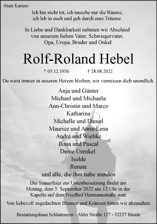 Traueranzeige von Rolf-Roland Hebel von Neue Westfälische