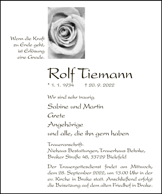 Traueranzeige von Rolf Tiemann von Neue Westfälische