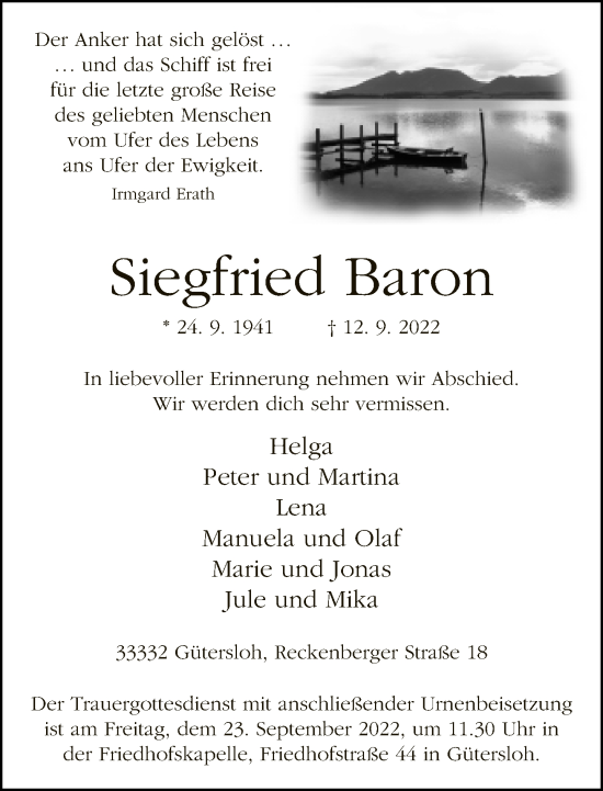 Traueranzeige von Siegfried Baron von Neue Westfälische