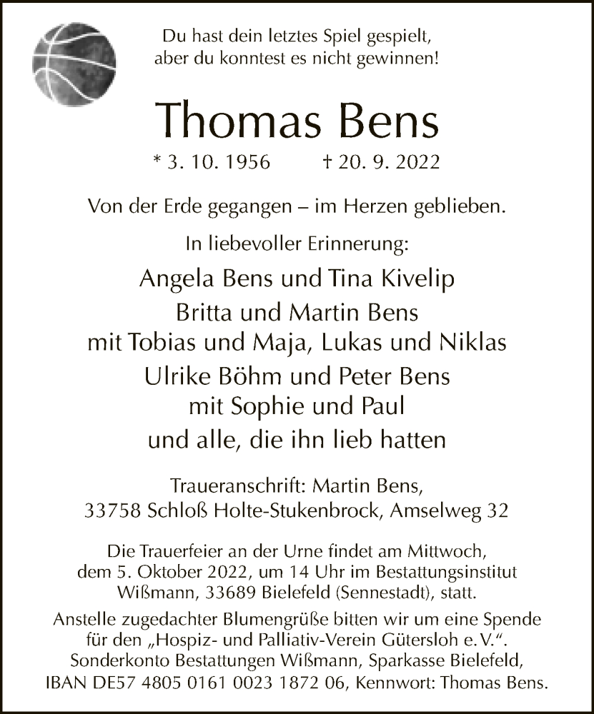  Traueranzeige für Thomas Bens vom 24.09.2022 aus Neue Westfälische