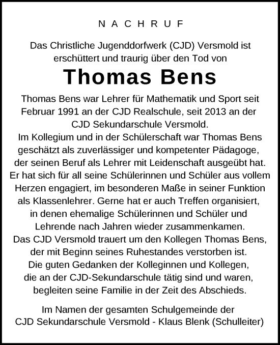 Traueranzeige von Thomas Bens von Neue Westfälische