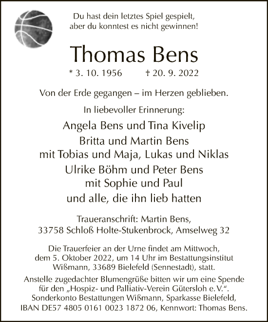 Traueranzeige von Thomas Bens von Neue Westfälische