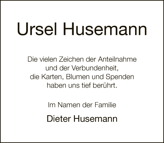 Traueranzeige von Ursel Husemann von Neue Westfälische