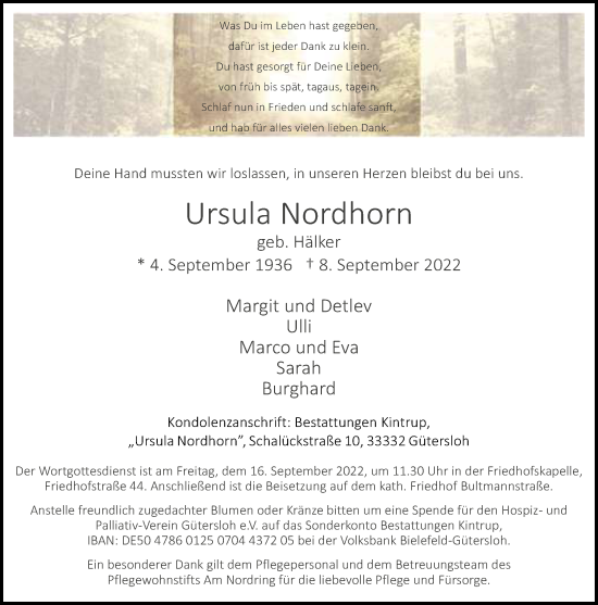 Traueranzeige von Ursula Nordhorn von Neue Westfälische