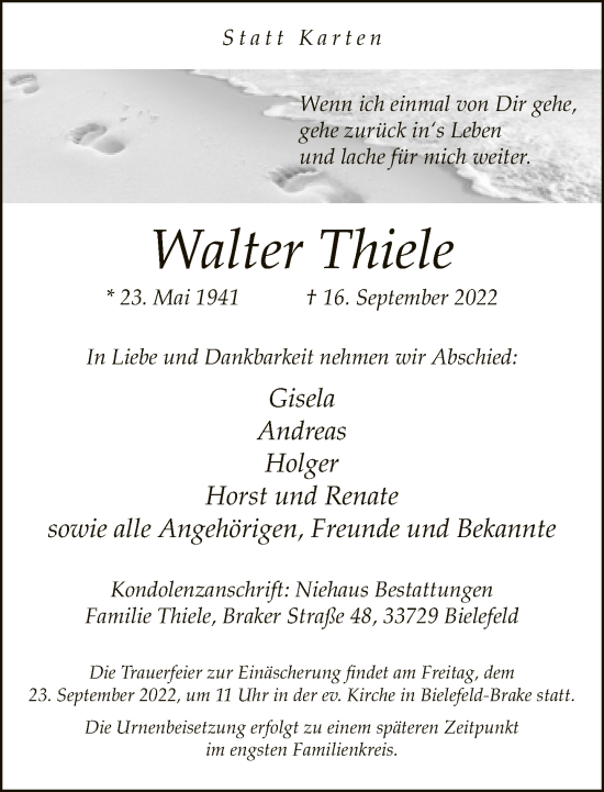 Traueranzeige von Walter Thiele von Neue Westfälische