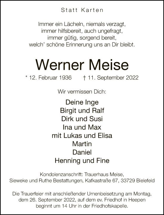 Traueranzeige von Werner Meise von Neue Westfälische