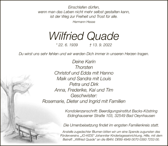 Traueranzeige von Wilfried Quade von Neue Westfälische