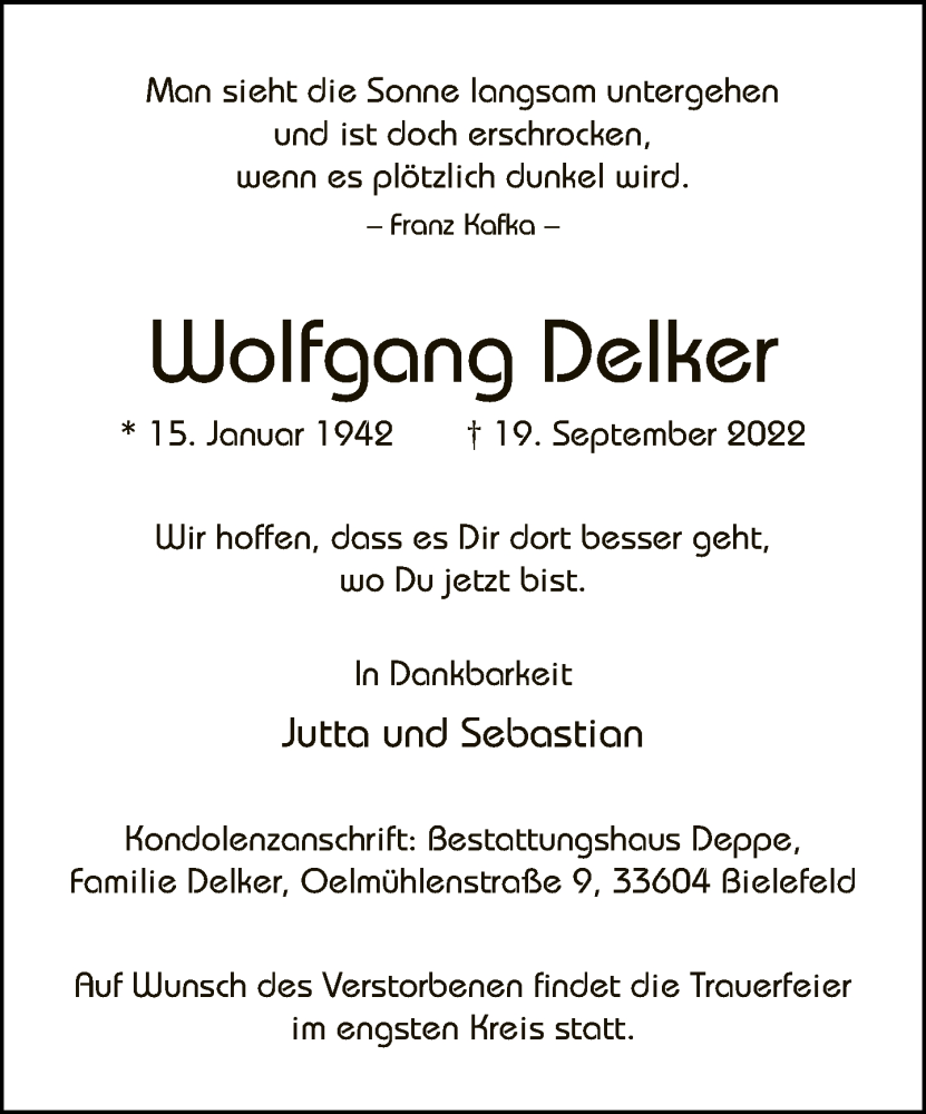  Traueranzeige für Wolfgang Delker vom 24.09.2022 aus Neue Westfälische