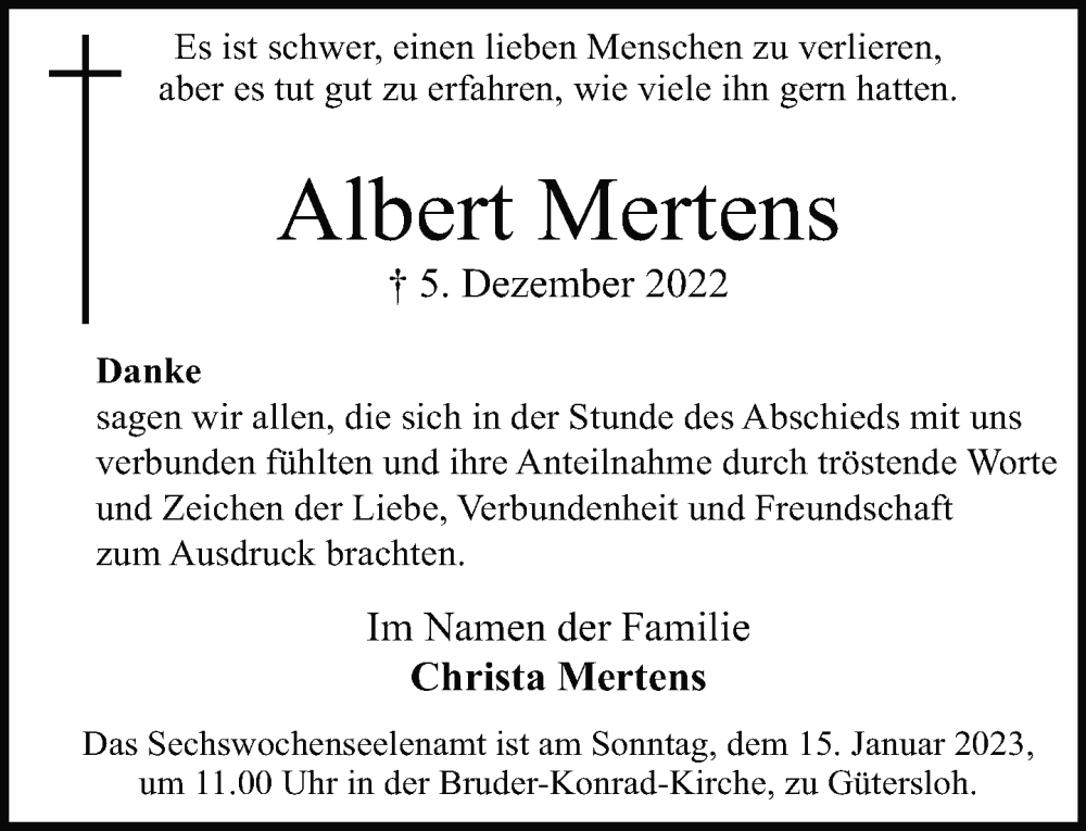  Traueranzeige für Albert Mertens vom 11.01.2023 aus Neue Westfälische