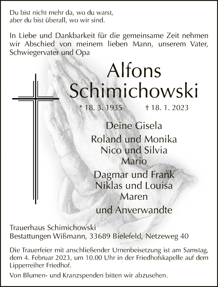  Traueranzeige für Alfons Schimichowski vom 21.01.2023 aus Neue Westfälische