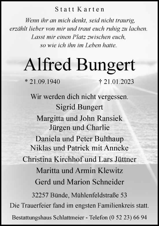Traueranzeige von Alfred Bungert von Neue Westfälische