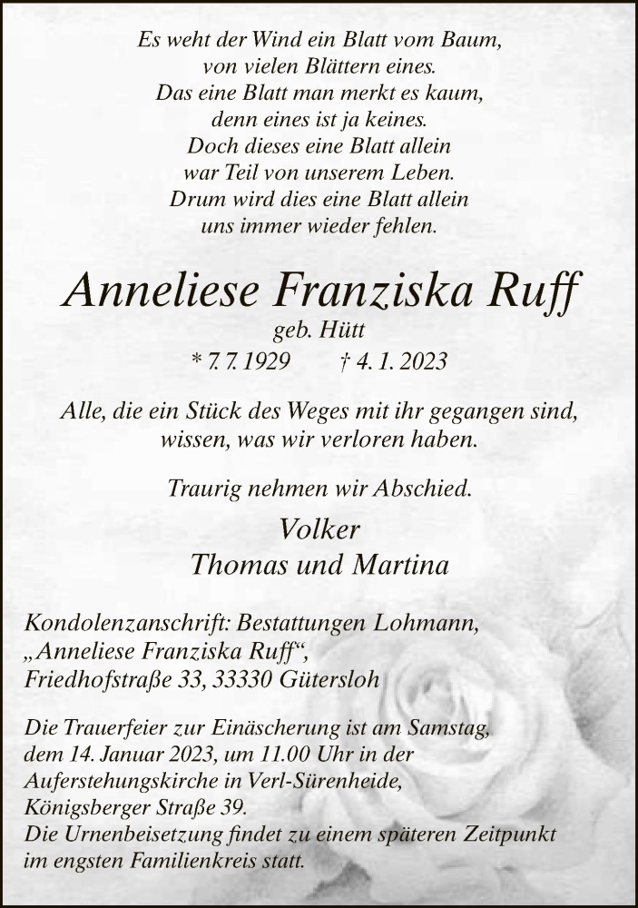  Traueranzeige für Anneliese Franziska Ruff vom 11.01.2023 aus Neue Westfälische
