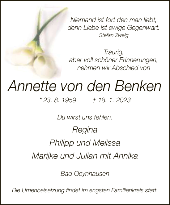 Traueranzeige von Annette von den Benken von Neue Westfälische