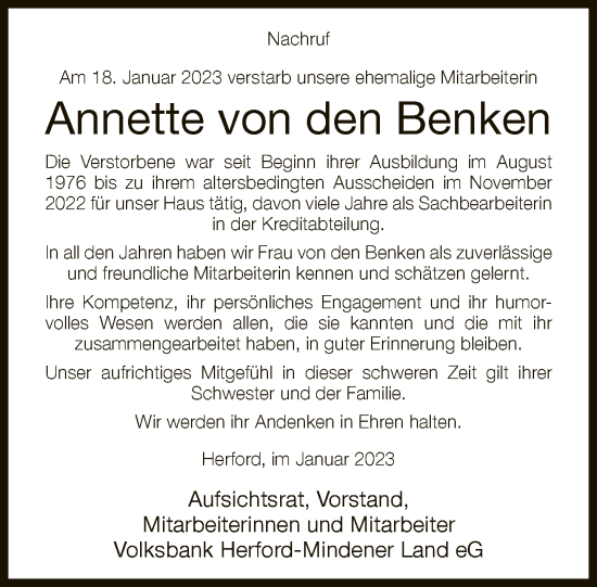 Traueranzeige von Annette von den Benken von Neue Westfälische