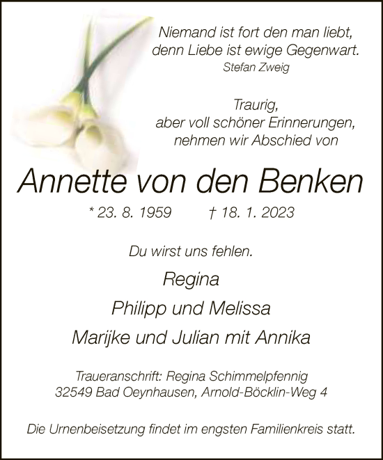 Traueranzeige von Annette von den Benken von Neue Westfälische