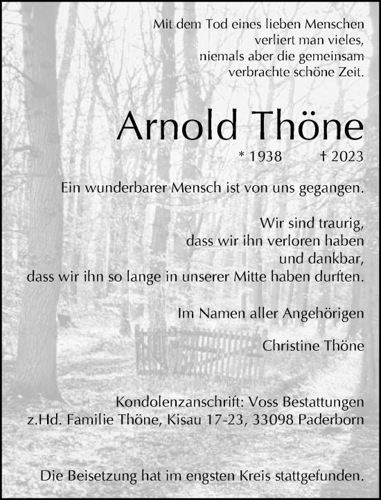 Traueranzeige von Arnold Thöne von Neue Westfälische