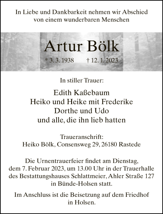 Traueranzeige von Artur Bölk von Neue Westfälische