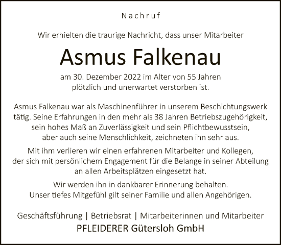 Traueranzeige von Asmus Falkenau von Neue Westfälische