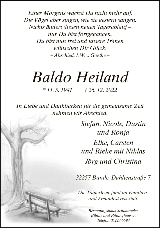 Traueranzeige von Baldo Heiland von Neue Westfälische